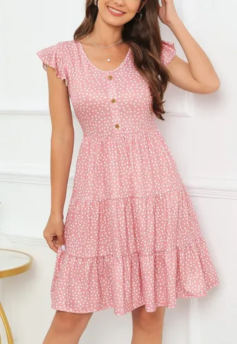 Vista 3 de Lamilus Vestidos de verano para mujer 2023, casual, cuello en V, botones, manga con volantes, corto, escalonado, para la playa, vestidos de verano