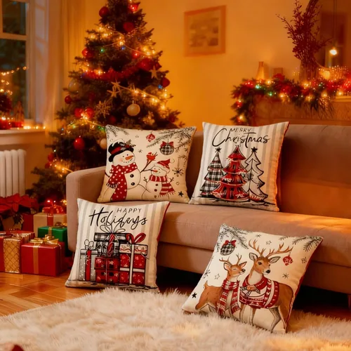 Vista 8 de Juego de 16 fundas de almohada de Navidad de 45 x 45 cm, fundas de almohada para sofá, cama, fundas de cojín decorativas de Navidad para decoración