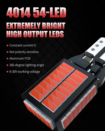 Vista 2 de Bombillas LED T15 912 921 mejoradas, rojas, de montaje alto/luz de freno 3ra, 3600LM súper brillantes, 4014, 54-SMD, chipset, Canbus, sin errores