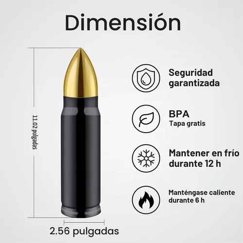 Vista 6 de Botella de agua con forma de bala de acero inoxidable 304, 17 onzas, 16.9 fl oz, doble pared aislada al vacío, taza de café aislada al vacío
