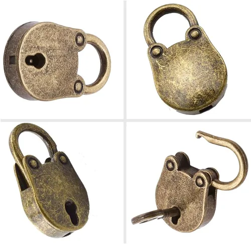 Vista 3 de Candado de bronce de estilo antiguo vintage de 3 piezas, pequeño candado de metal estilo arcaize, con llave para caja de joyería, caja
