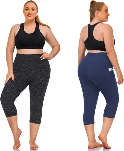 Vista 2 de NEW YOUNG Paquete de 3 leggings de talla grande con bolsillos para mujer, cintura alta, control de abdomen, pantalones de yoga para entrenamiento