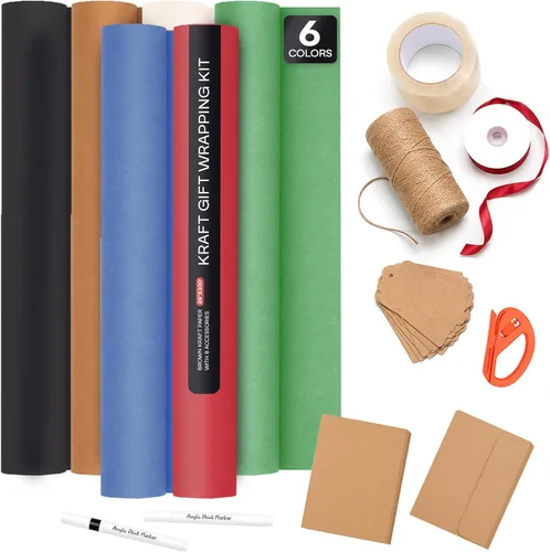 Vista 15 de Assorted Colors Kraft Wrapping Set of 10 Rolls 12"x100' + 8 Accessory Types USA-Made Natural Multi-Color Kraft Paper Kit for Holidays & Special