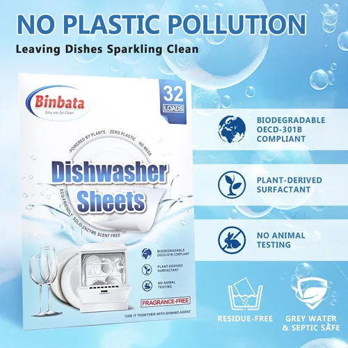 Vista 5 de Binbata Hojas de detergente para lavavajillas ecológicas mejoradas hasta 32 cargas, tiras de jabón sin plástico sin perfume con enzima sólida