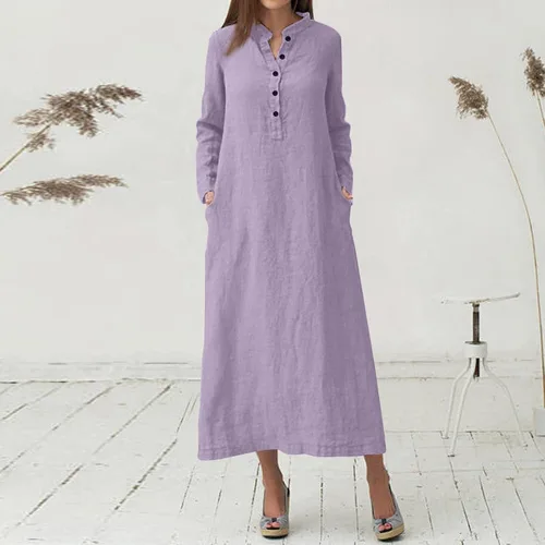 Vista 2 de LISTHA Vestido largo de manga larga para mujer, estilo caftán, de algodón, liso, de gran