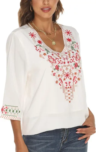 Vista 2 de Grosy Tops bordados bohemios para mujer, ropa hippie, blusas campesinas mexicanas, ropa tradicional bohemia