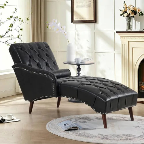 Vista 11 de Tumbona de piel sintética para interiores con almohada, moderna tumbona, sillas ergonómicas tapizadas de poliuretano sin brazos con botones