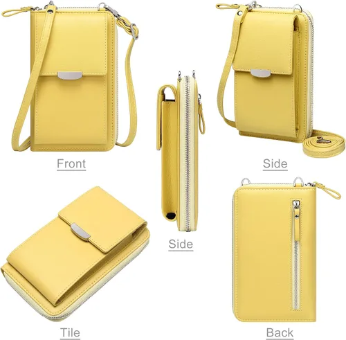 Vista 6 de KUKOO Small Crossbody Bag Cell Phone Purse Wallet with Credit Card Slots for Women A- Versión mejorada con cremallera amarilla