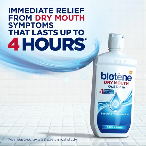 Vista 2 de Enjuague bucal Biotene para boca seca, refresca el aliento y tratamiento para boca seca, sabor menta fresca - 2x33.8 fl oz