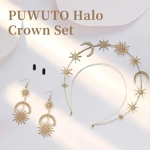 Vista 3 de Halo Crown - Stars Crystal Goddess HeadBand with Earrings Mary Metal Halo Headpiece Celestial Crowns Tiaras for Women Bridal Wedding Costume Cosplay