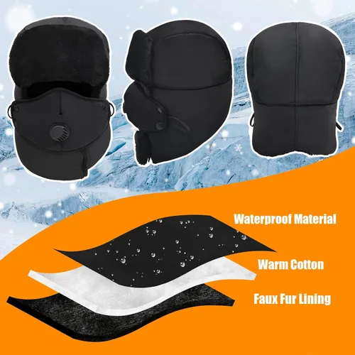 Vista 4 de Sombrero de trampero de invierno para hombres y mujeres, sombrero de piel rusa de caza de soldados con solapa para las orejas y máscara, sombrero