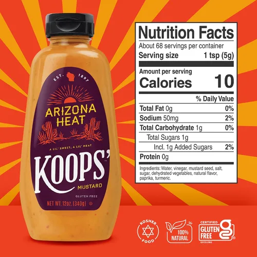 Vista 2 de Koops' Mostaza Arizona Heat - Mostaza dulce y picante, sin gluten, kosher, fabricada en Estados Unidos, a partir de semillas de mostaza de calidad