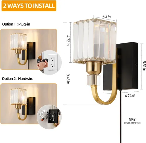 Vista 4 de Aplique de pared moderno de cristal con enchufe, lámpara de pared montada en negro dorado, lámpara de tocador enchufable con interruptor