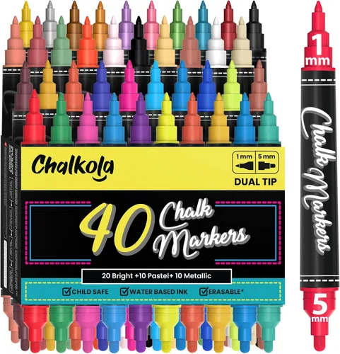 Vista 11 de Marcadores de tiza de punta extra fina - (punta de 1 mm, paquete de 40) neón, pastel y metálico Rotuladores de tiza líquida borrables