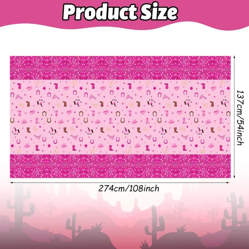 Vista 3 de Mantel de plástico de vaquera occidental, mantel rectangular de fieltro rosa, mantel rectangular desechable impermeable para suministros de fiesta