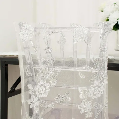 Vista 7 de Efavormart Funda de encaje bordada con lentejuelas florales de organza blanca, cubierta de encaje para silla de boda