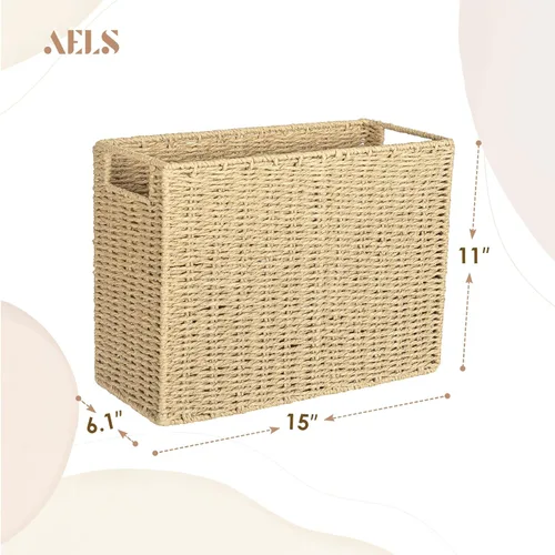 Vista 2 de AELS Cesta tejida de fibra natural para revistas, soporte de revistas para piso, organizador de revistas tejido a mano, cesta de revistas con asas