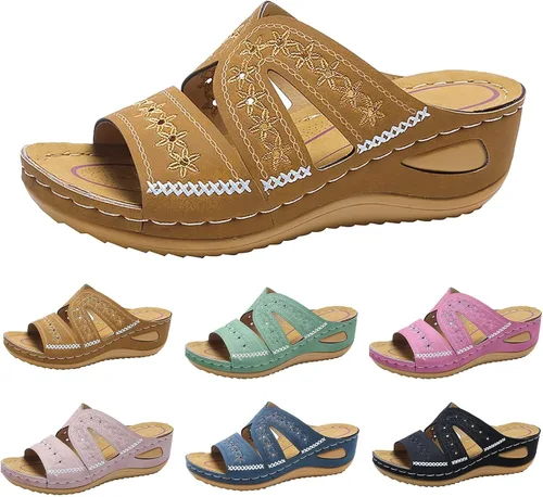 Vista 11 de Sandalias ortopédicas con soporte de arco, sandalias planas para exteriores, estilo bohemio, para caminar, cómodas, elegantes, informales