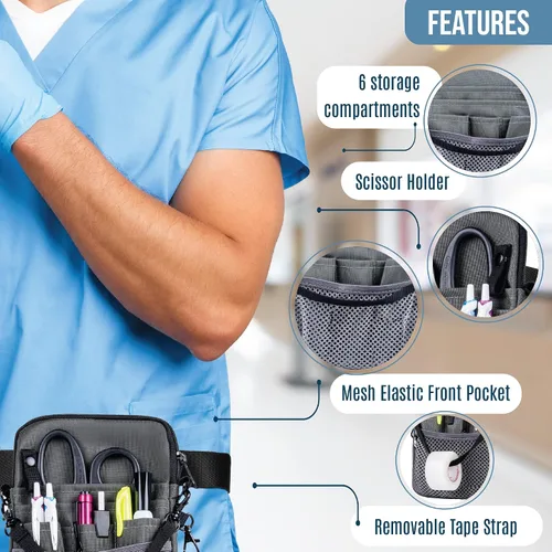 Vista 3 de First Lifesaver Riñonera convertible 4 en 1 con múltiples compartimentos y soporte de cinta para enfermeras, estudiantes de enfermería, Gris, L