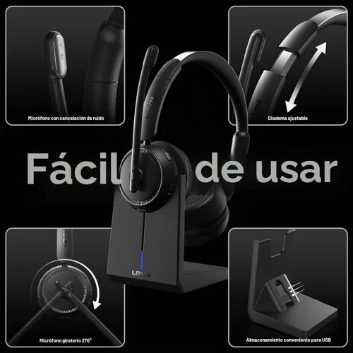 Vista 5 de LEVN Auriculares inalámbricos con micrófono para trabajo, auriculares Bluetooth con micrófono (cancelación de ruido), 65 horas de tiempo de trabajo