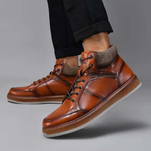 Vista 5 de Holy dove Men's Casual Oxford Sneaker Boots Mid-Top Lace-Up Fashion Ankle Chukka Boot Genuine Leather Upper Fashion Shoes for Men Comfortable and
