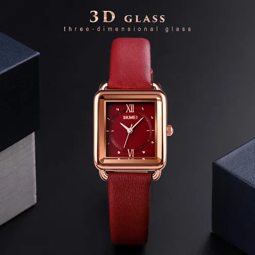 Vista 7 de SKMEI Reloj de mujer, elegante reloj de pulsera rectangular de cuero para damas, reloj analógico de cuarzo impermeable para mujer, Rojo-d