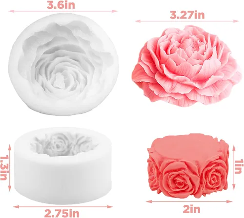Vista 2 de Paquete de 2 moldes de vela de silicona con forma de flor, moldes de vela de columna de flores de rosas 3D para hacer cilindros de velas, moldes