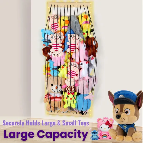 Vista 3 de Almacenamiento de animales de peluche de madera suave para habitación de los niños, soporte de pared para colgar en la puerta, organizador