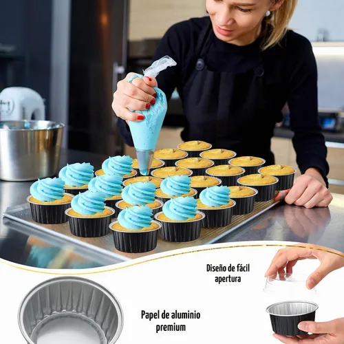 Vista 5 de Gejoy - 400 tazas para hornear de papel de aluminio con tapas, 5 onzas, clásico, negro