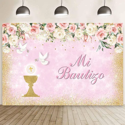 Vista 9 de AIBIIN Mi Bautizo - Telón de fondo para niño, cartel de bautizo de palomas de cáliz dorado, fondo para fotografía de bautizo, floral azul, primera