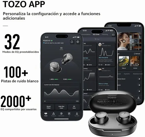 Vista 4 de TOZO - Auriculares inalámbricos Bluetooth 5.3 ergonómicos y ligeros 30H Playtime, 32 EQs via APP, Built in Mic for Clear Calls, Premium Stereo