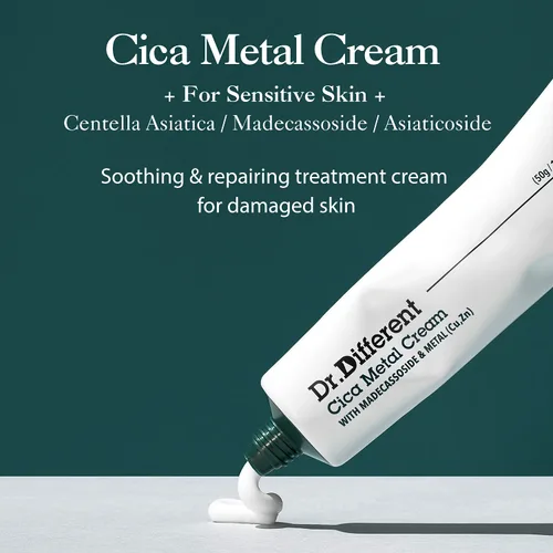 Vista 2 de Dr.Different Cica Metal Cream - Crema facial calmante Madecassoside para piel dañada, reparación y regeneración con cobre y zinc, tratamiento