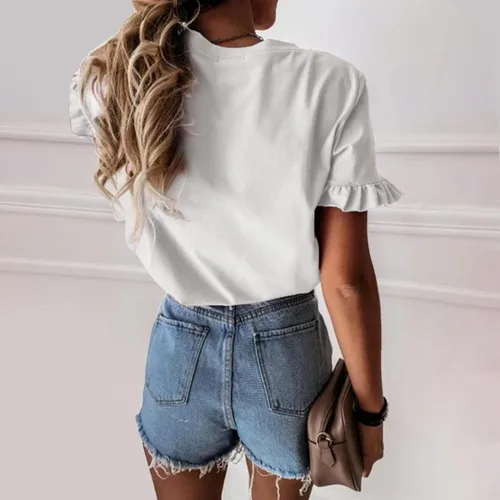 Vista 3 de Zpervoba Camisetas lisas de verano para mujer, estilo casual, cuello redondo, encaje con volantes, manga corta, elástica, ajustada, básica