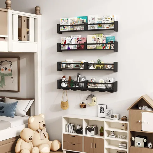 Vista 6 de Estantería de guardería de 34 pulgadas, juego de 4, estante flotante de pared para niños con 6 ganchos, estante colgante para decoración de Negro