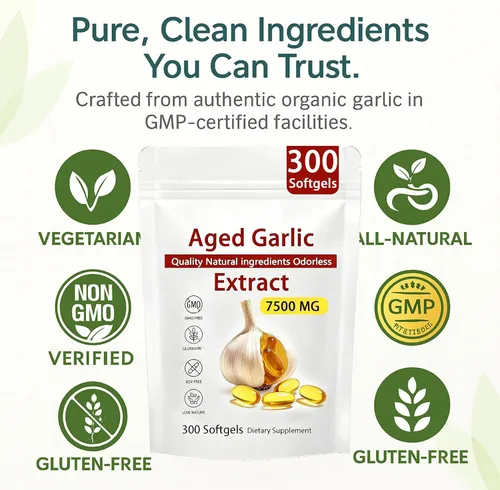 Vista 6 de Elare Extracto de ajo añejo: 300 unidades, 7500 mg, suplemento de ajo orgánico inodoro para apoyo cardíaco e inmunológico, vegetariano, sin OMG