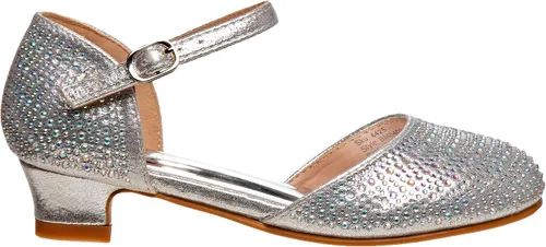 Vista 2 de Badgley Mischka Zapatos de tacón medio para niñas, tacón medio, con correa de tobillo cerrada, tacones altos para niña, color negro, plateado