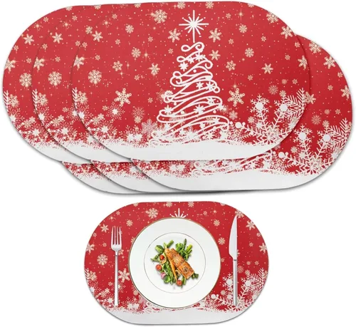Vista 17 de Juego de 2 manteles individuales con luces de Navidad, resistentes al calor, antideslizantes, impermeables, a prueba de aceite, lavables, lavables