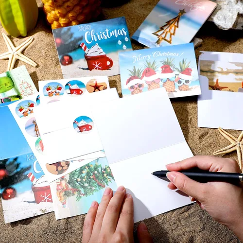 Vista 3 de Ctosree 60 juegos de tarjetas de felicitación de Navidad en julio, verano, estilo playa, a granel, con sobres y calcomanías para suministros