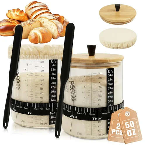 Vista 9 de Kit de tarros de masa madre de 50 onzas, recipiente de masa madre de boca ancha, tarro de masa madre de capacidad extra grande para pan de masa