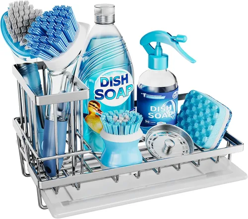 Vista 9 de Consumest Organizador para fregadero, soporte de esponja de cocina con soporte para cepillos de platos, organizador de cocina con bandeja de goteo