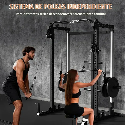 Vista 5 de Cofiyard Jaula de potencia, estante de potencia con sistema de polea doble, estante multifuncional para sentadillas con Cable Crossover, máquina