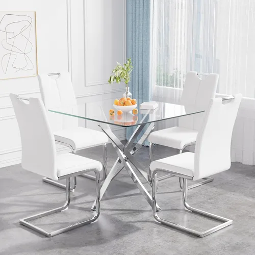 Vista 18 de Juego de mesa de comedor de 36 pulgadas para 4, moderna parte superior cuadrada de vidrio templado, mesa de patas de acero inoxidable con acabado