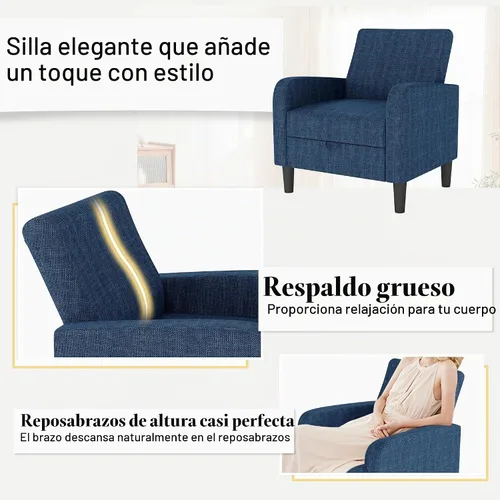 Vista 6 de DAGONHIL Silla de Acento para Sala de Estar, Silla Tapizada de Lectura para Dormitorio, Sillón de Tela de Lino, Sofá Individual para Sala de Azul