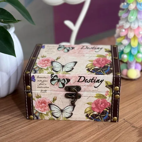 Vista 2 de Joyero de mariposa rosa caja decorativa de almacenamiento para joyas, baratijas, fotos, caja de madera del tesoro para mujeres y niñas, regalos caja