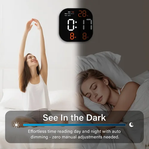 Vista 2 de Reloj de pared digital con pantalla LED grande, brillo automático, temperatura, fecha y día de la semana, control remoto, moderno reloj de pared