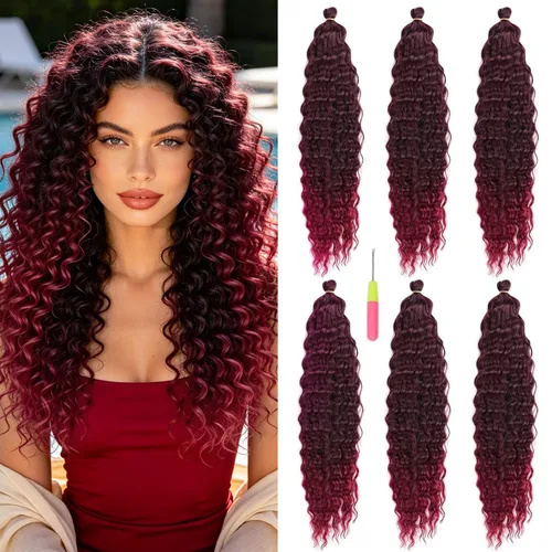 Vista 24 de MAYSA Cabello ondulado de ganchillo azul, cabello ondulado con ganchillo para mujer, extensiones de cabello sintético de onda profunda de 22