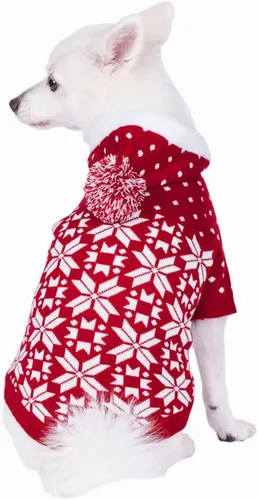 Vista 3 de Blueberry Pet Let It Snow Suéter Clásico Feo de Navidad con Capucha y Diseño de Copos de Nieve para Perro en Rojo y Blanco, Longitud de Espalda 12