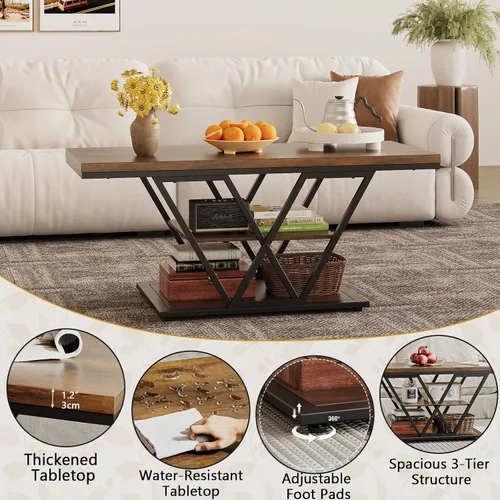 Vista 4 de Espelism Mesa de centro industrial con almacenamiento de 3 niveles para sala de estar, mesa rectangular de madera para cóctel, mesa de té rústica