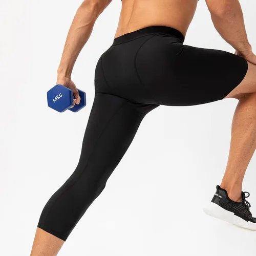 Vista 47 de Pantalones de compresión de 3/4 de una pierna para hombre, mallas de baloncesto atléticas para correr, leggings deportivos de capa base capri