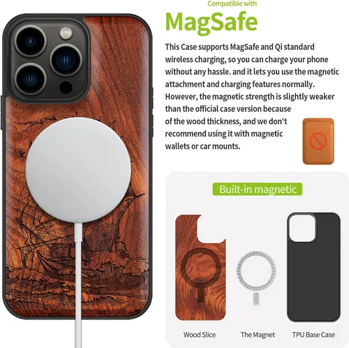 Vista 5 de Carveit Funda magnética de madera para iPhone 13 Pro [madera natural y TPU suave negro] a prueba de golpes, funda de madera única compatible